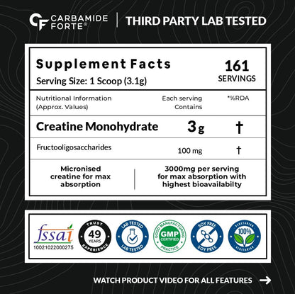 Carbamide Forte Creatine Mono hydrate Powder | Micronized Monohydrate Creatine 500gm | Micronized Monohydrate Supplement for Lean Muscle, Strength & Energy - Unflavoured - 161 Servings - 500g