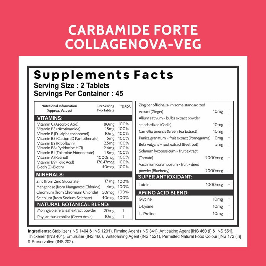 Carbamide Forte 100% Veg Collagen Builder, 90 Tablets | Plant Based Collagen Support Supplement for Skin & Hair