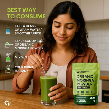Carbamide Forte 100% Organic Moringa Powder - Moringa Oleifera - USDA Certified | Moringa Leaves Powder | Moringa Powder Organic for Immunity, Digestion & Energy | Drumstick Leaves Powder - 200g