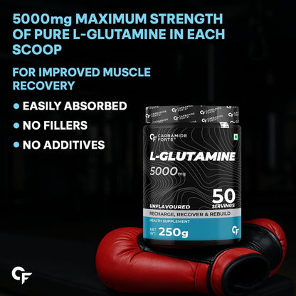 Carbamide Forte L Glutamine Powder 5000mg | L Glutamine Supplement for Men | Post Workout Muscle Recovery Supplements for Men - Unflavoured - 250 grams