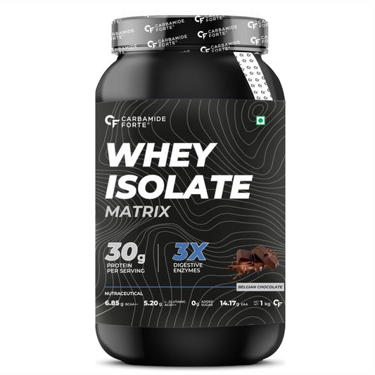 Carbamide Forte Whey Isolate Matrix | Isolate Protein Powder | 30g Protein per serving with Isolate Whey Protein | 3X digestive Enzymes | 6.85g BCAA | 14.17g EAA | 0g added sugar | Belgian Chocolate Flavour - 1Kg