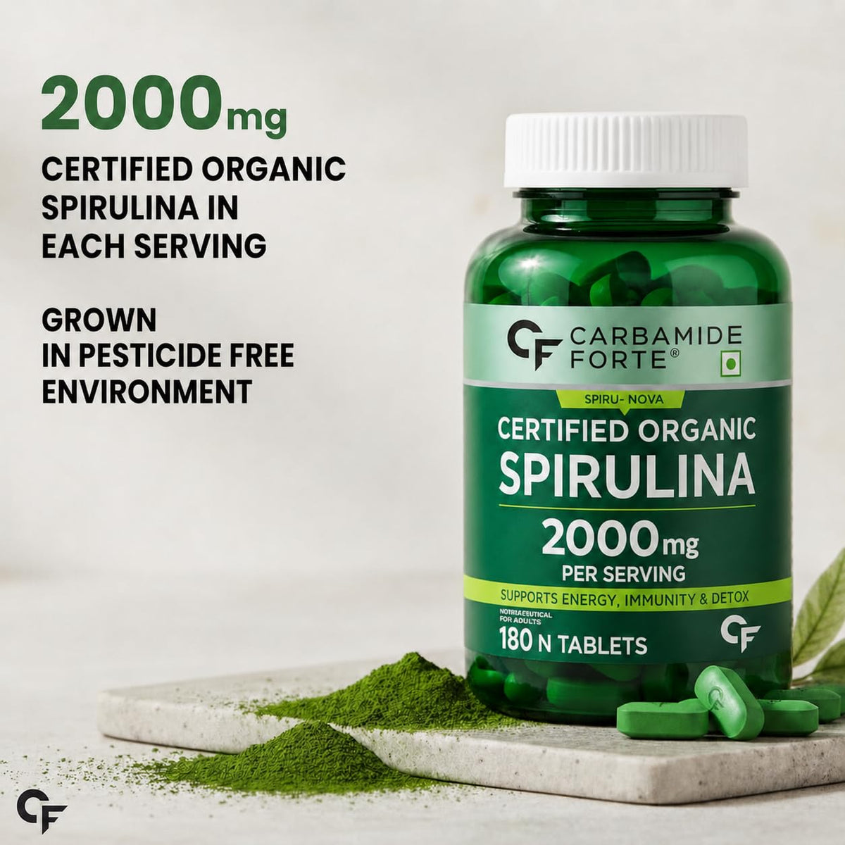100% Organic Spirulina Tablets | 2000 mg Per Serving | 180 Veg Tablets