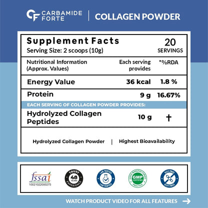 Carbamide Forte Collagen Supplements | Hydrolyzed Collagen Powder for Women & Men | Hydrolyzed Peptides Powder - Unflavored - Collagen Supplements for Skin & Hair - 200g
