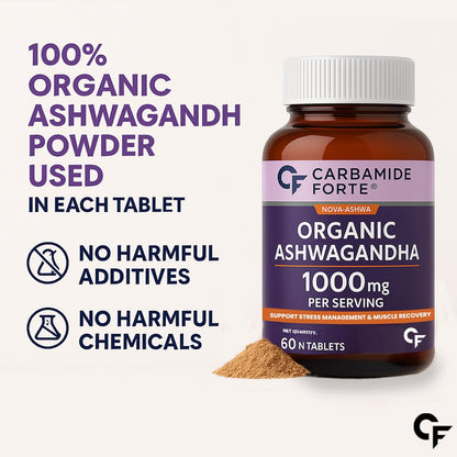 Carbamide Forte Organic Ashwagandha 1000mg Tablets|Stress & Anxiety Relief Tablets |Ashwagandha Powder tablet 1000 mg|Rejuvenates Mind & Body - 60 Organic Ashwagandha Tablets, 1 count, 60 tablets