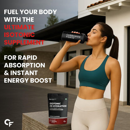 Carbamide Forte Isotonic Powder | Pre Workout Supplement For Men And Women| Instant Energy Drink for PreWorkout | Electrolytes Powder with added BCAA & L Glutamine - Litchi Flavour - 500g (Pack of 1)