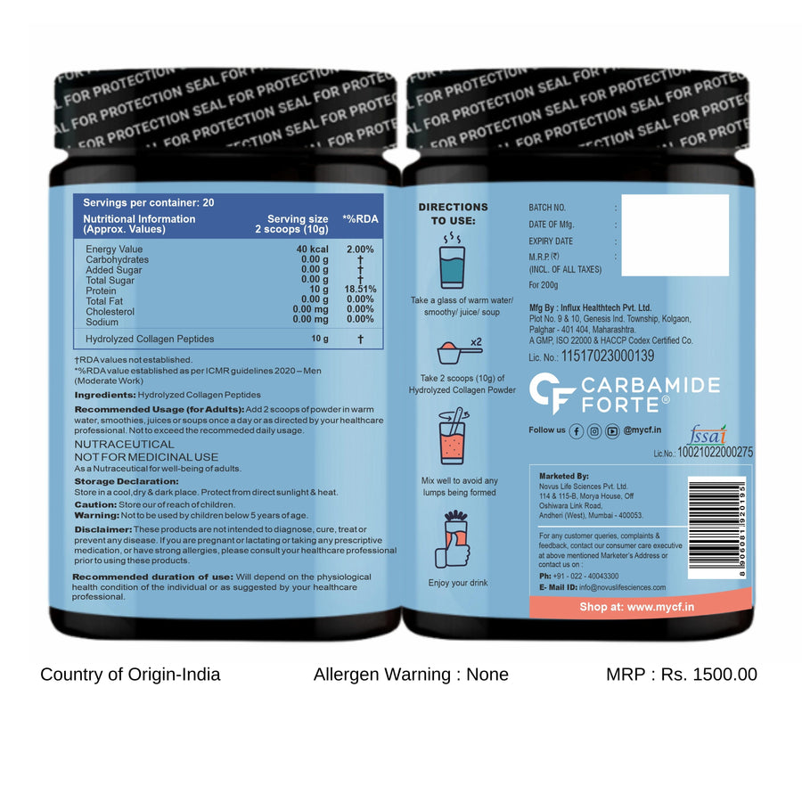 Carbamide Forte Hydrolyzed Collagen Powder, 200g | with Type 1 & 3 Collagen Peptides | Unflavored