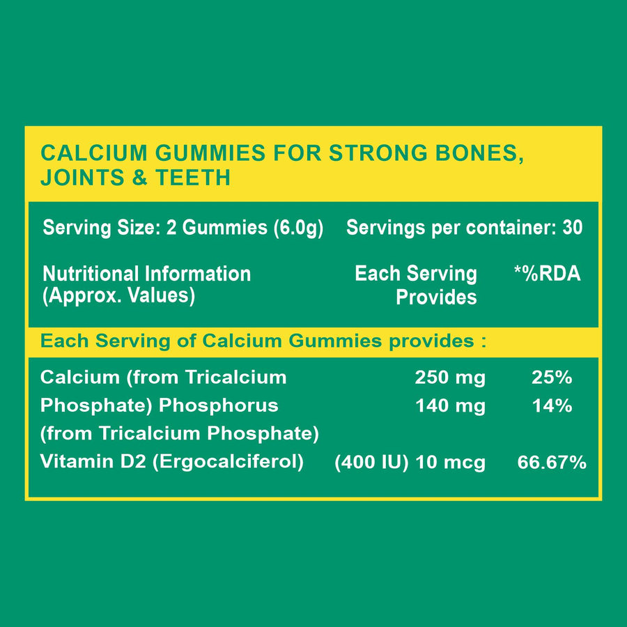 Carbamide Forte Calcium with Vitamin D Gummies for Men & Women| Calcium Gummies for Women & Men for Stronger Bones, Joints & Teeth & Immunity - Mango & Strawberry Flavour - 60 Veg Gummies