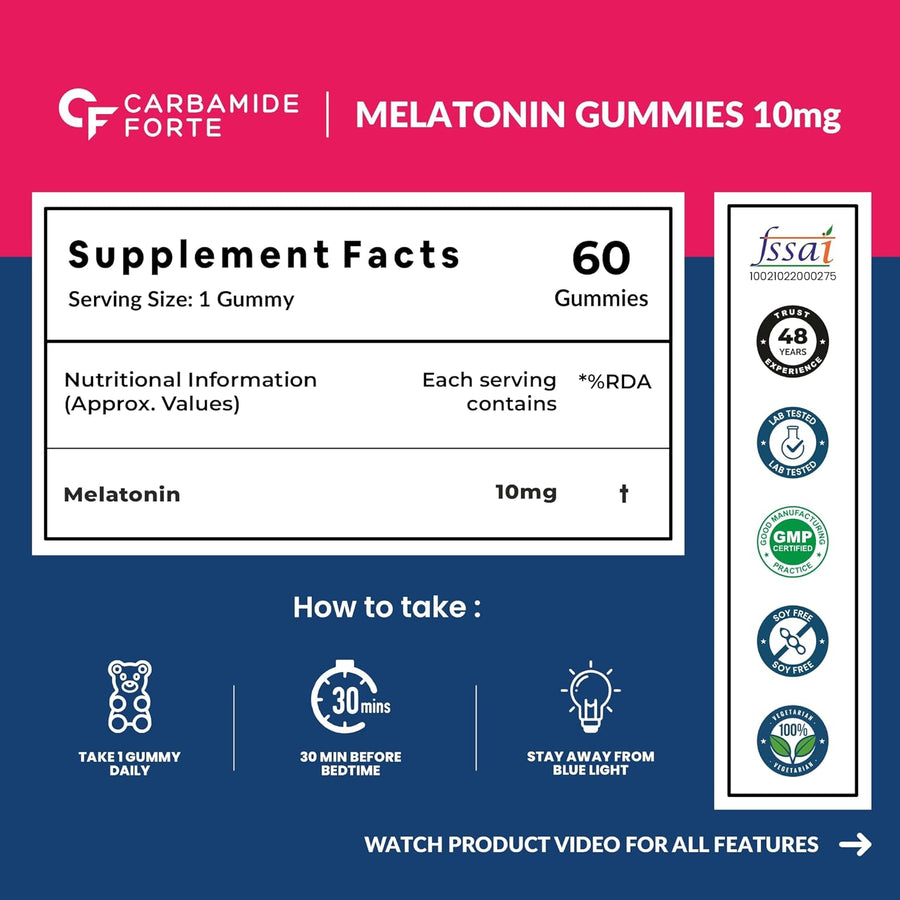 Carbamide Forte 10 mg Melatonin Gummies to Sleep | Sleep Gummies for Men and Women | Gummies for Deep Sleep | Sleep Supplements | 60 Veg Sugar Free Melatonin Gummies 10mg