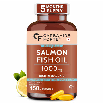 Carbamide Forte Omega 3 fish oil capsules | Salmon Fish Oil Omega 3 Capsule 1000mg | Omega 3 supplement with Omega 3 Fatty Acid , EPA 180 mg & DHA 120 mg | Fish Oil Omega 3 for Heart, Joints, Bones & Skin | 150 Omega 3 Capsules