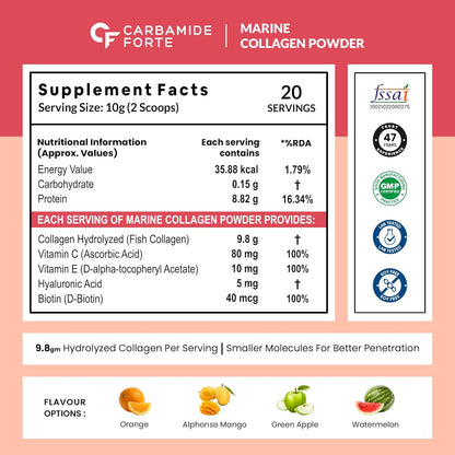 Carbamide Forte Marine Collagen Powder Supplement - for Skin Fish Collagen Powder for Women & Men - 200g Powder - Watermelon Flavour