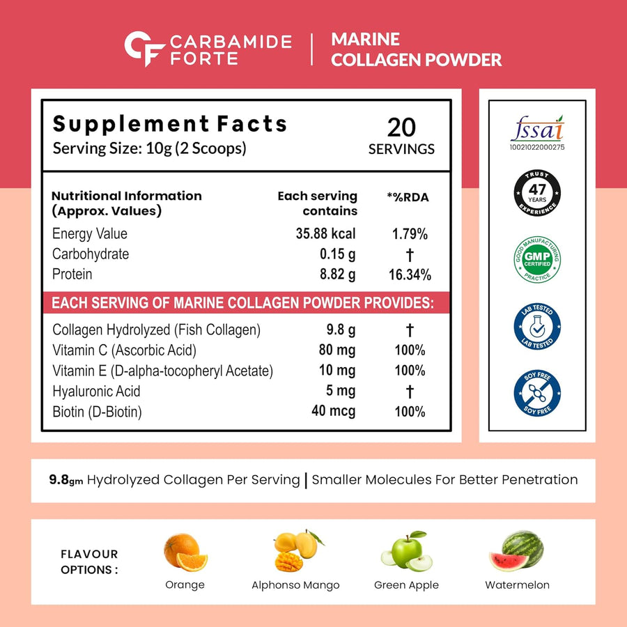 Carbamide Forte Marine Collagen Powder Supplement - for Skin Fish Collagen Powder for Women & Men - 200g Powder - Watermelon Flavour