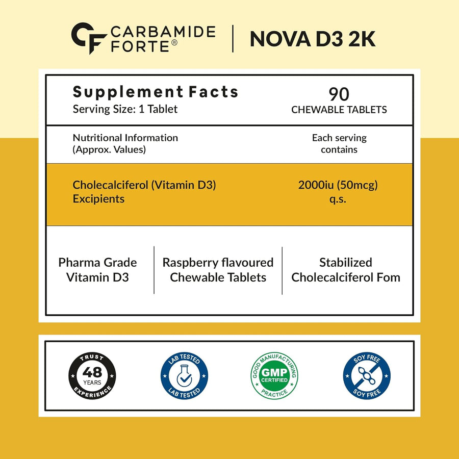 Carbamide Forte Chewable Vitamin D3 2000 IU - Cholecalciferol Vitamin D Supplement for Women & Men | Raspberry Flavour - 90 Tablets