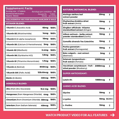 Carbamide Forte 100% Veg Collagen Supplements For Skin & Hair | Plant Based Collagen Tablet For Women & Men | Veg Supplement That May Support Youthful & Radiant Skin Tone | Vegetarian Tablet For Women & Men