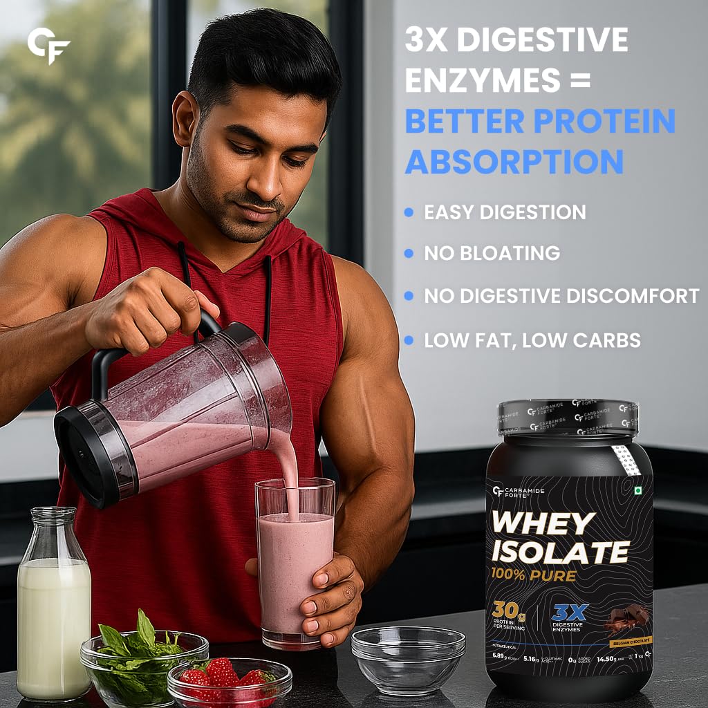 Carbamide Forte Whey Protein Powder Isolate | 100% Pure Protein Powder for Men | 30g Protein per serving with Isolate Whey Protein | 3X digestive Enzymes | 6.89g BCAA | 14.50g EAA | 0g added sugar | Belgian Chocolate Flavour - 1Kg
