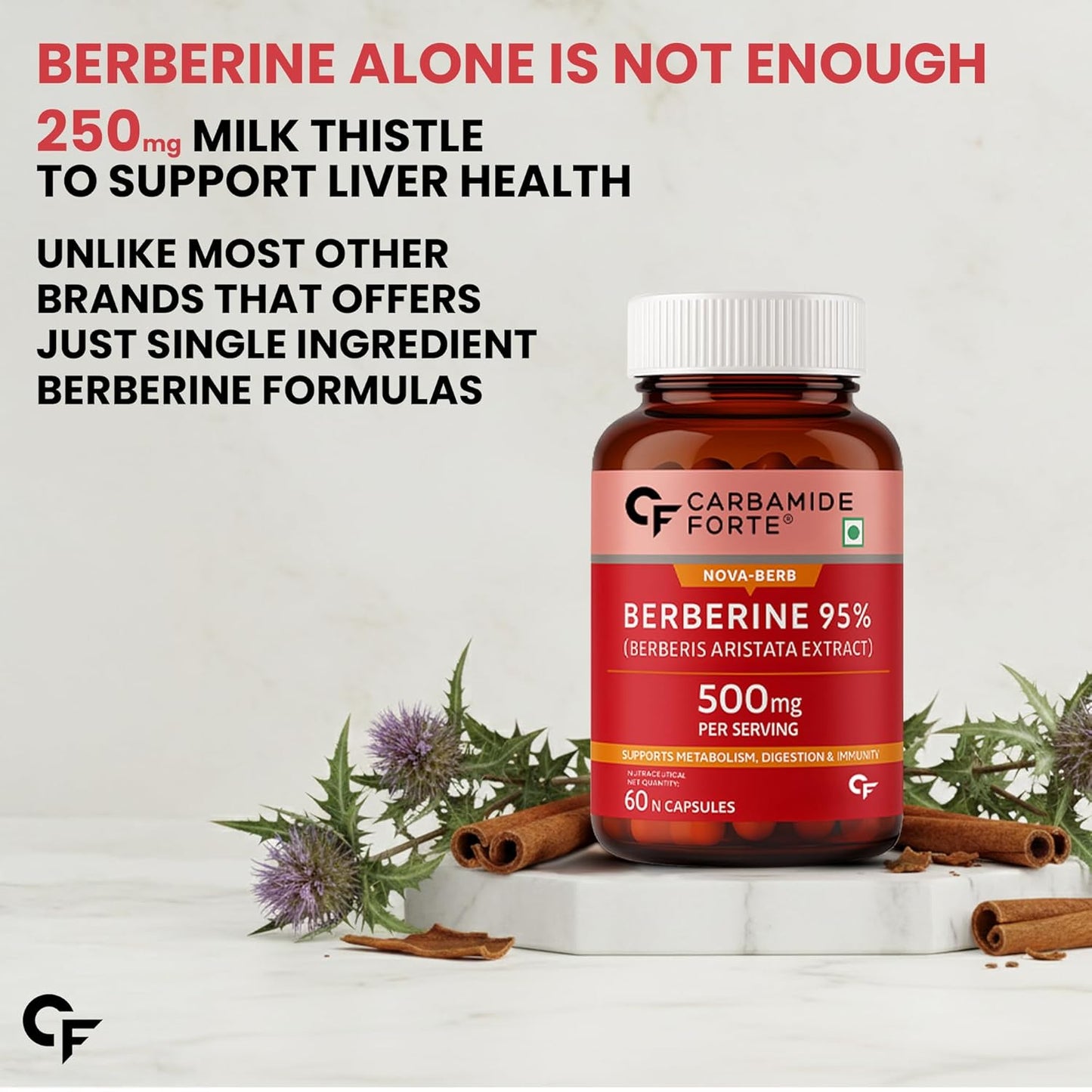 95% Berberine 500 mg with Milk Thistle & Cinnamon | 60 Capsules