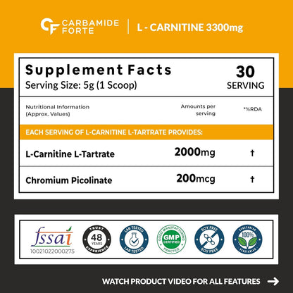 Carbamide Forte L Carnitine Powder for Men & Women | L-Carnitine L Tartrate 2000mg Powder | Pre Workout Supplement | Intra Workout & Post Workout Supplement |Mango Flavour - 150g Powder