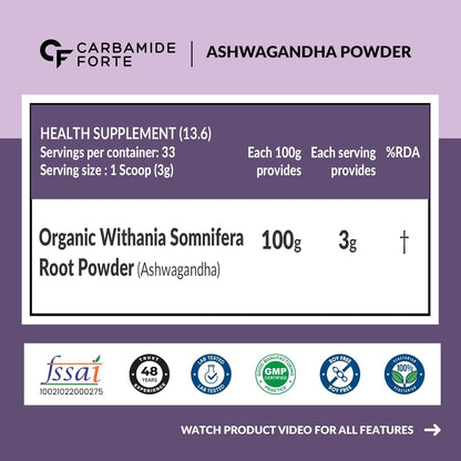 Carbamide Forte 100% Organic Ashwagandha Powder 100gm | Withania Somnifera | Pure USDA Certified Ashwagandha | Organic Supplement for Strength, Vitality & Stress Support