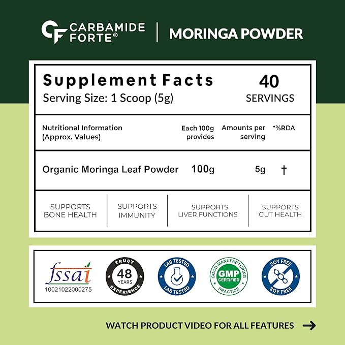 Carbamide Forte 100% Organic Moringa Powder - Moringa Oleifera - USDA Certified | Moringa Leaves Powder | Moringa Powder Organic for Immunity, Digestion & Energy | Drumstick Leaves Powder - 200g