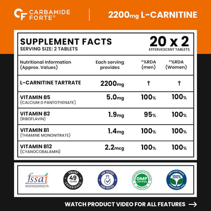 L-Carnitine Effervescent 2200mg with B-Complex Vitamins | Orange Flavour | 40 Tablets