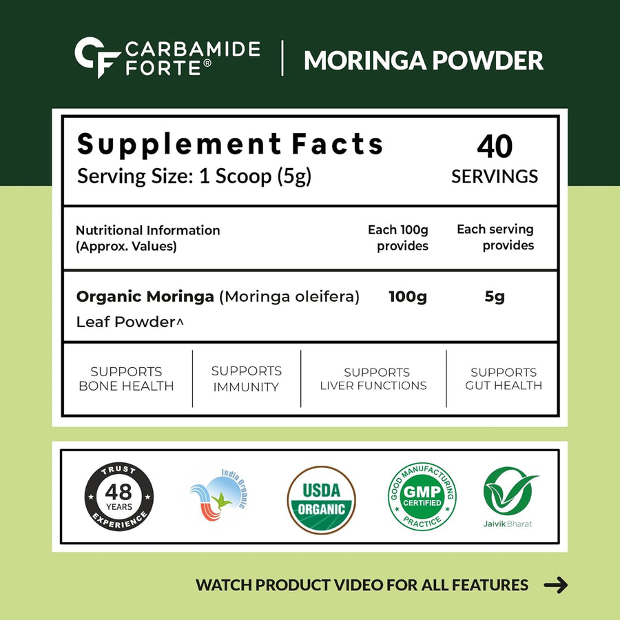 Carbamide Forte 100% Organic Moringa Powder - Moringa Oleifera - USDA Certified | Moringa Leaves Powder | Moringa Powder Organic for Immunity, Digestion & Energy | Drumstick Leaves Powder - 200g