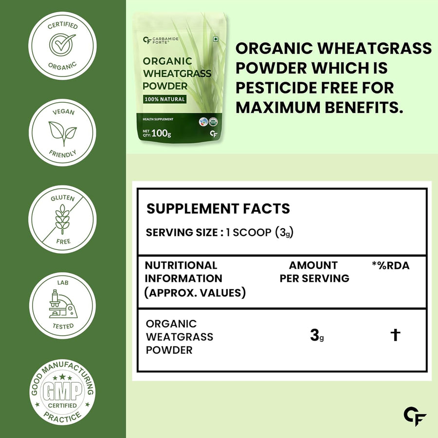 Carbamide Forte 100% Natural Organic Wheatgrass Powder | Wheat Grass Powder | Organic Wheatgrass Juice | Wheat Grass Juice - 100g