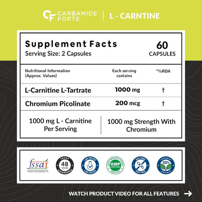 CF Carbamide Forte L Carnitine Supplement 1000mg Capsules for Men & Women | Pre Workout Supplement -Veg Capsules 60 Count