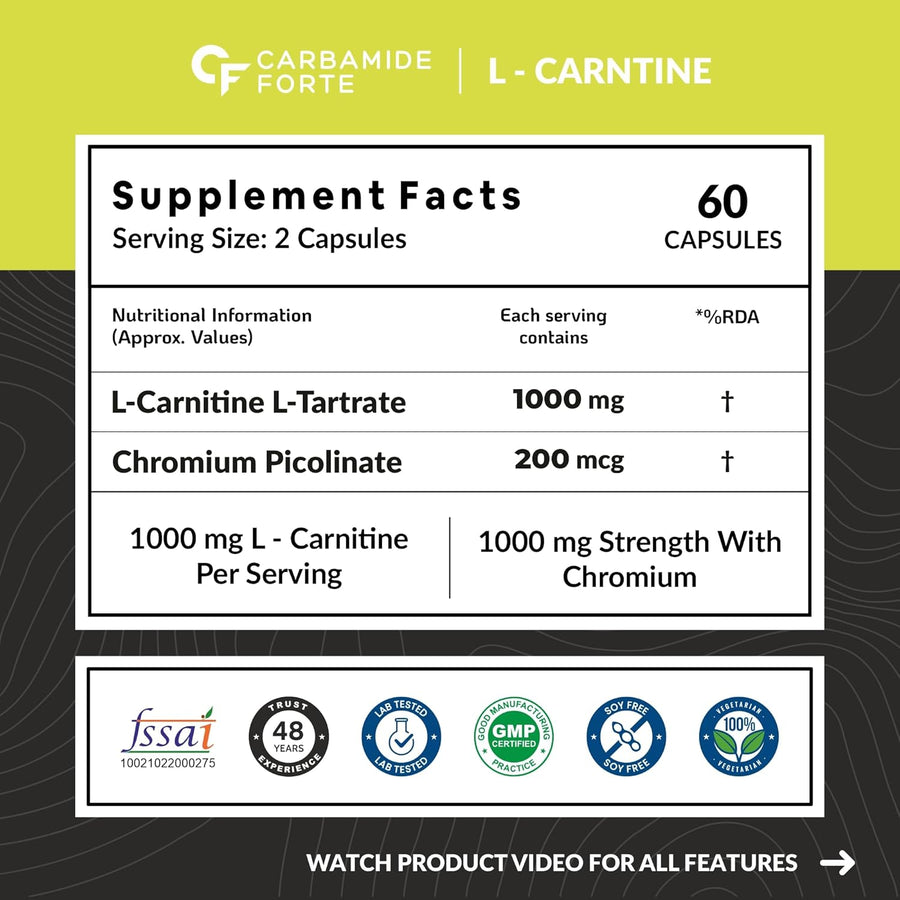 CF Carbamide Forte L Carnitine Supplement 1000mg Capsules for Men & Women | Pre Workout Supplement -Veg Capsules 60 Count