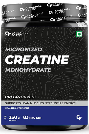 Carbamide Forte Micronised Creatine Monohydrate Powder | Creatine Supplement for Lean Muscle Volumization, Strength & Energy - Unflavoured - 83 Servings - 250g