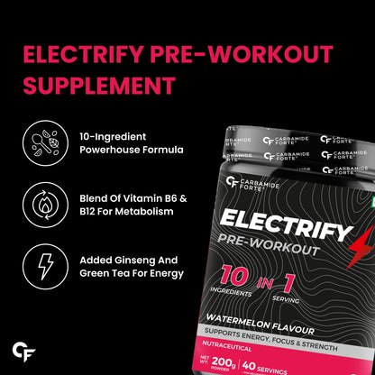Carbamide Forte Pre Workout Powder | Pre Workout Supplement for Men and Women | Preworkout Supplement with Taurine & Creatine Monohydrate for Energy, Focus & Strength | Watermelon Flavour – 40 Servings - 200g
