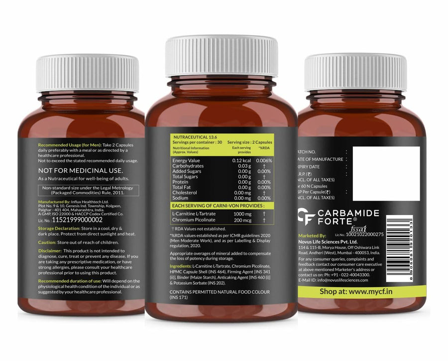 CF Carbamide Forte L Carnitine Supplement 1000mg Capsules for Men & Women | Pre Workout Supplement -Veg Capsules 60 Count