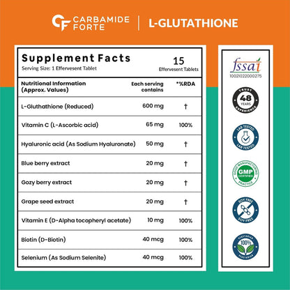 Carbamide Forte Japanese Reduced L Glutathione Effervescent Tablet 600mg for Skin Health|L Glutathione Effervescent Tablet with Vitamin C Hyaluronic Acid, Vitamin E,& Biotin, 1 count, 15 capsules