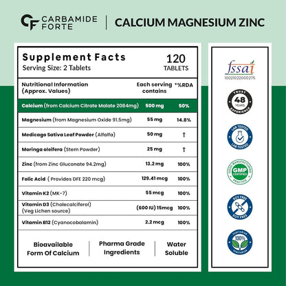 Carbamide Forte Calcium Tablets for Women & Men | Calcium Magnesium Zinc Tablets | Calcium Supplements for Men with Vitamin K2 MK7 & Vitamin B12 - Bone Health & Joint Support - 120 Tablet for Men