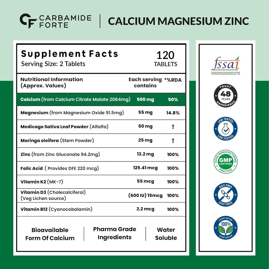 Carbamide Forte Calcium Tablets for Women & Men | Calcium Magnesium Zinc Tablets | Calcium Supplements for Men with Vitamin K2 MK7 & Vitamin B12 - Bone Health & Joint Support - 120 Tablet for Men