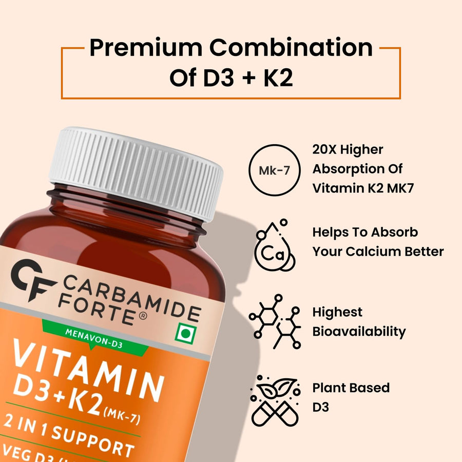 Carbamide Forte Vitamin D3 K2 MK7 | Plant Based Veg Vitamin D3 Supplement Lichen Source with Vitamin K2 MK7 Menaquinone - 120 Veg Tablets