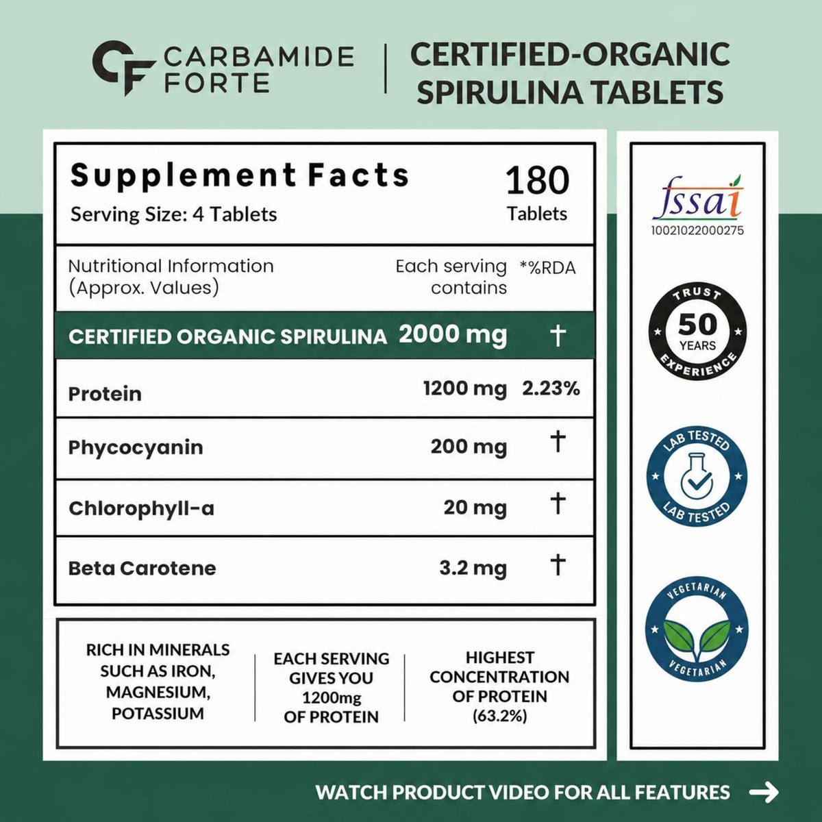 100% Organic Spirulina Tablets | 2000 mg Per Serving | 180 Veg Tablets