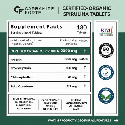 100% Organic Spirulina Tablets | 2000 mg Per Serving | 180 Veg Tablets