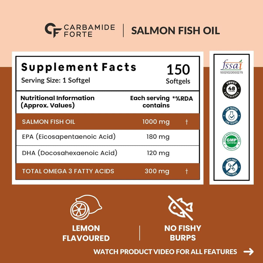 Carbamide Forte Omega 3 fish oil capsules | Salmon Fish Oil Omega 3 Capsule 1000mg | Omega 3 supplement with Omega 3 Fatty Acid , EPA 180 mg & DHA 120 mg | Fish Oil Omega 3 for Heart, Joints, Bones & Skin | 150 Omega 3 Capsules
