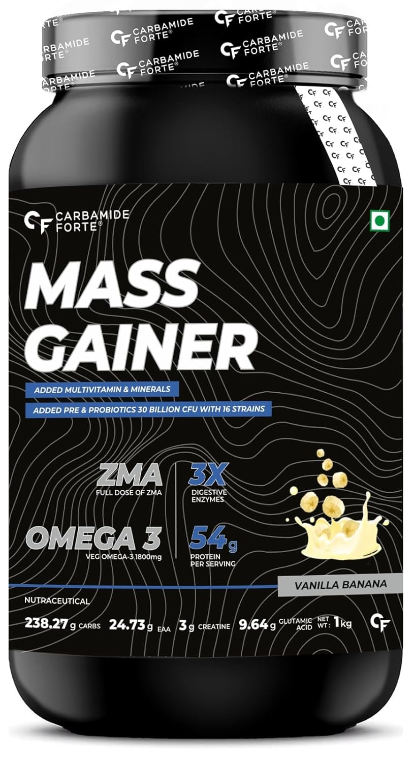 Carbamide Forte Mass Gainer with 54g Protein, 250g Carbs, Multivitamin, ZMA & Creatine 3g - Weight Gainer for Men & Women - Vanilla Banana Flavour - 1kg