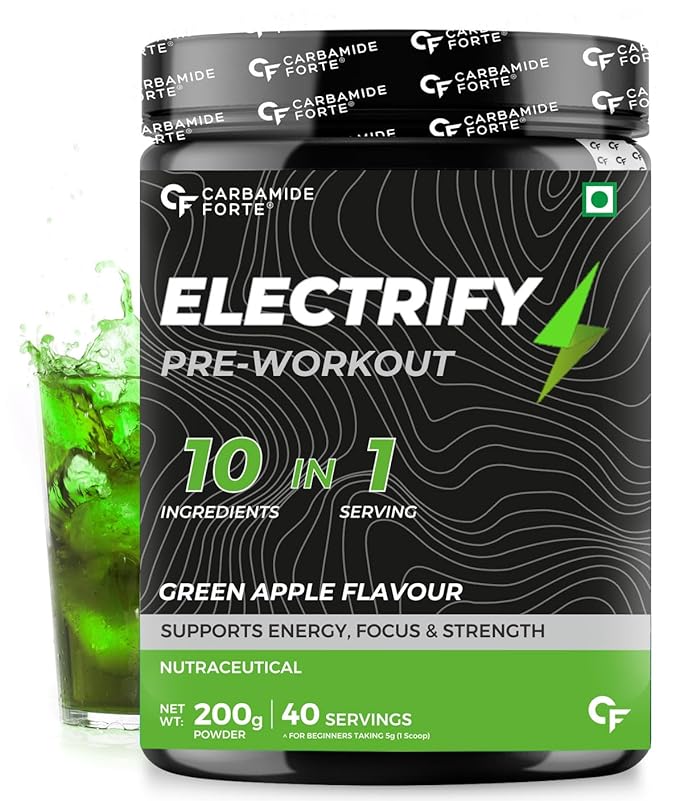 Carbamide Forte Pre Workout Powder | Pre Workout Supplement for Men and Women | Preworkout Supplement with Taurine & Creatine Monohydrate for Energy, Focus & Strength | Green Apple Flavour – 40 Servings - 200g