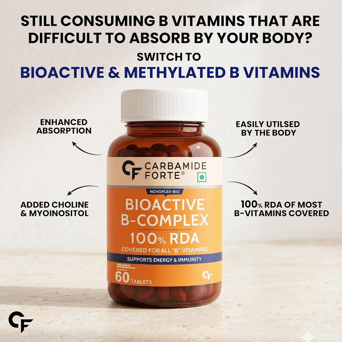 Bioactive B Complex with Methylated B Vitamins | 100% RDA | Choline, Myo-Inositol & Biotin | 60 Tablets