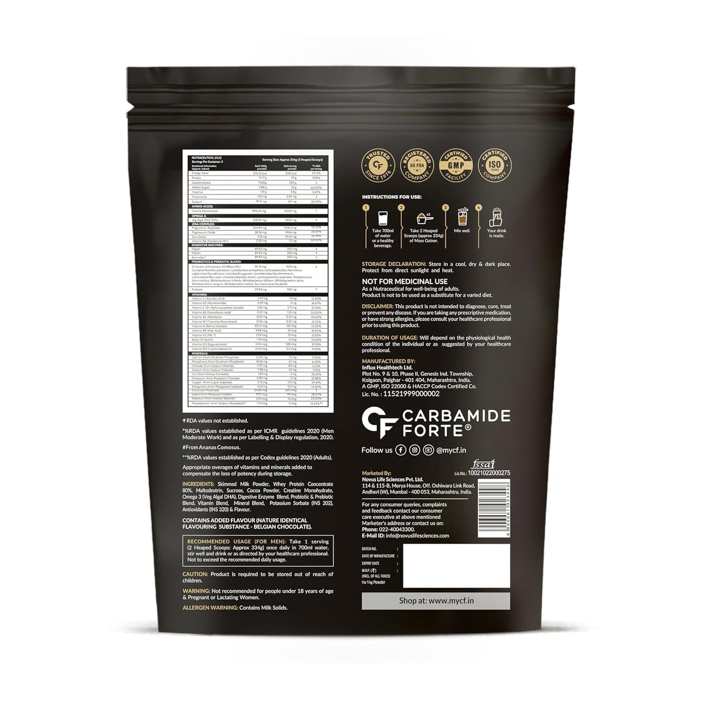 Carbamide Forte Mass Gainer with 54g Protein, Weight Gainer For Men | Muscle Gainer - 250g Carbs, Mass Gainer Protein, Multivitamin, ZMA & Creatine 3g - Belgian Chocolate Flavour Mass Gainer 1kg