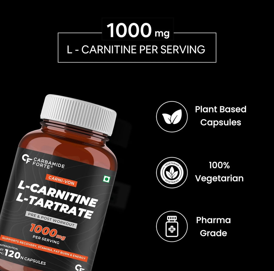 Carbamide Forte L-Carnitine L-Tartrate 1000mg Capsules for Men & Women | Pre Workout Supplement - 120 Veg Capsules