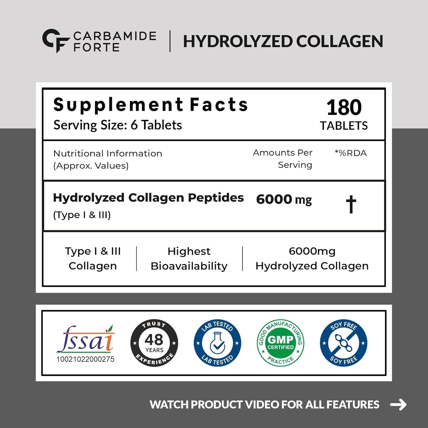 Carbamide Forte Collagen Supplements for Women & Men | Hydrolyzed Collagen Tablets with Type 1 & 3 Supplements for Skin & Hair with Hydrolyzed - 180 Tablets