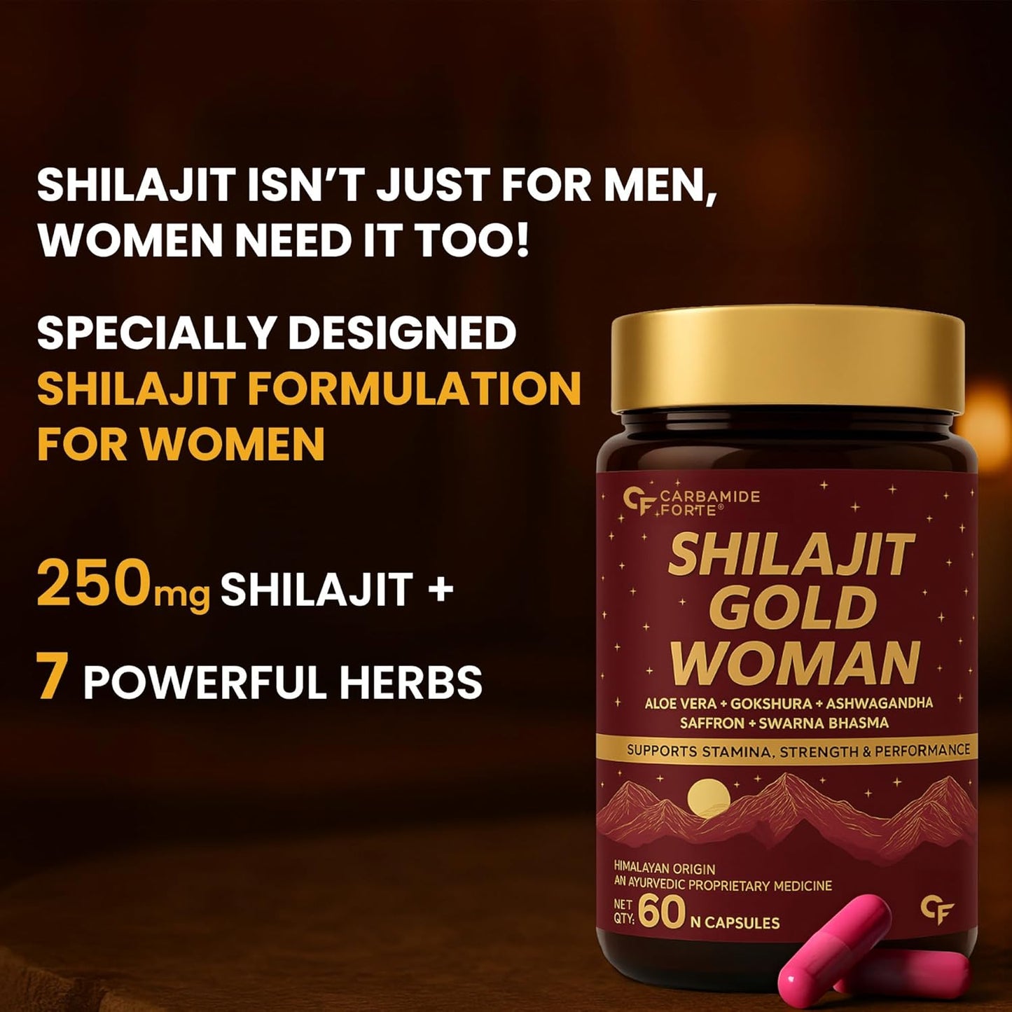 Carbamide Forte Shilajit Gold Capsules For Women With Pure Shilajeet Swarna Bhasma, Saffron & Ashwagandha | Himalayan Shilajit for Women | Shilajeet Gold Original | 60 Veg Capsules