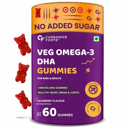 Carbamide Forte Veg Omega3 DHA 250mg - Gummies for Men, Women & Kids with Vegetarian DHA | No Fish oil Used | Omega Veg DHA Gummies | Healthy Heart, Brain & Joints - 60 Veg Gummies