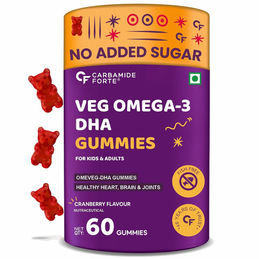 Carbamide Forte Veg Omega3 DHA 250mg - Gummies for Men, Women & Kids with Vegetarian DHA | No Fish oil Used | Omega Veg DHA Gummies | Healthy Heart, Brain & Joints - 60 Veg Gummies
