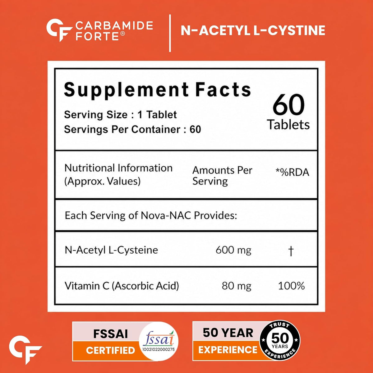 Carbamide Forte N-Acetyl, L-Cysteine 600mg (NAC) - 60 Veg Tablets