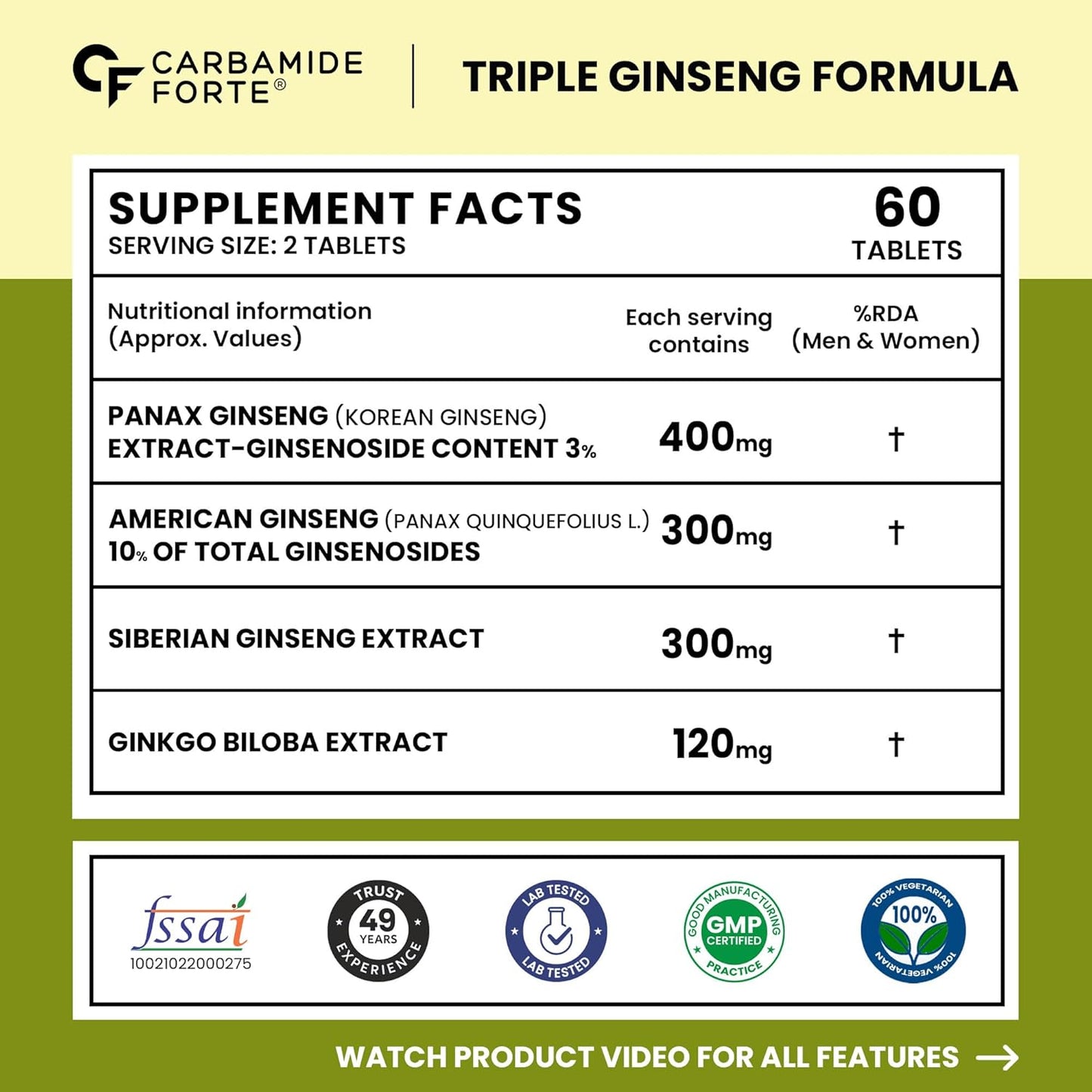Triple Ginseng 1000mg Supplement with Ginkgo Biloba for Energy, Focus & Stamina