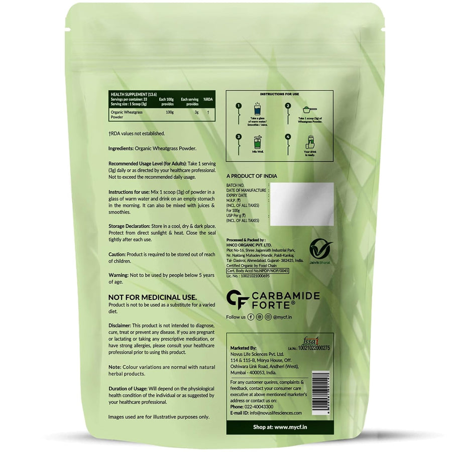 Carbamide Forte 100% Natural Organic Wheatgrass Powder | Wheat Grass Powder | Organic Wheatgrass Juice | Wheat Grass Juice - 100g