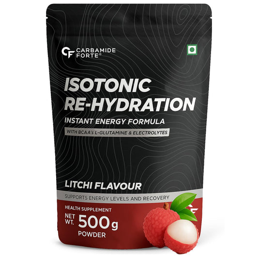 Carbamide Forte Isotonic Powder | Pre Workout Supplement For Men And Women| Instant Energy Drink for PreWorkout | Electrolytes Powder with added BCAA & L Glutamine - Litchi Flavour - 500g (Pack of 1)